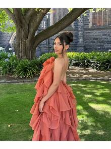 Vestidos Elegantes De Mujer,Dresses For Women,Women's 3D Floral Halter Dress, Casual Ruffled Neck Dress - 立體花朵吊帶長裙-橘色 - 查看 3