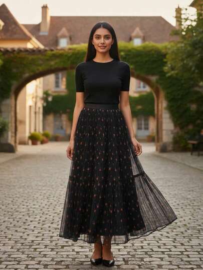 Women's High Waist Flowy Floral Shiny Mesh Pleated Maxi Skirt, Casual Polka Dot Design, Suitable For All Seasons & Holidays