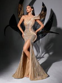 柔软闪亮纯色不对称领口亮片条纹开衩无袖连衣裙，适合春季婚礼派对 - 杏色 - 查看 2