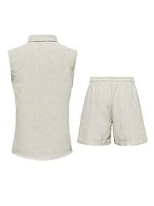 男士休闲无袖翻领上衣和短裤两件套，适合度假、海滩、日常休闲穿着，夏季适用 - 灰色 - 查看 3