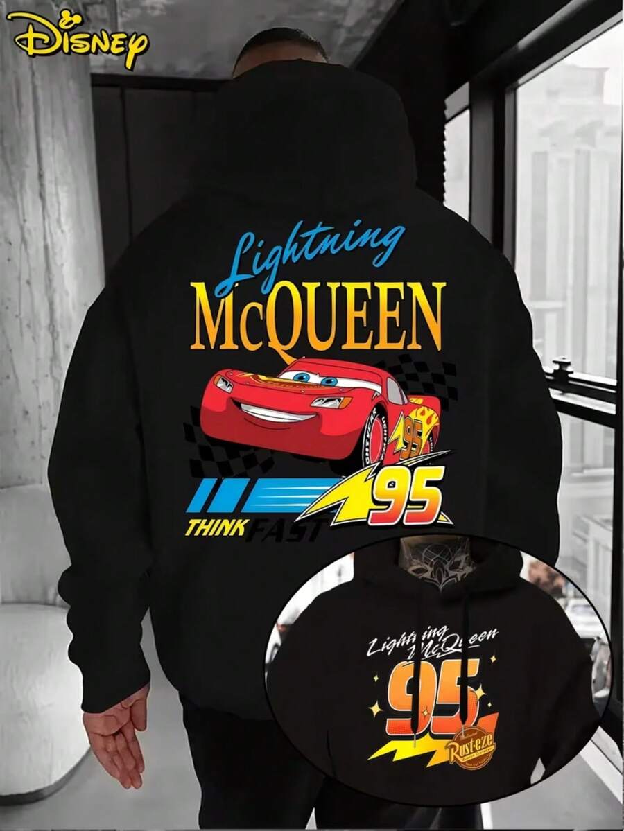 2026DisneyCars Lightning McQueen Hoodie-Men's Blue Racing Pattern Pullover, Loose Hooded Sweater In Front Pocket, Suitable For Casual Wear, Birthday Gift For Disney Pixar Car Fans, Travel Clothes, Playful Design, Comfortable Fabrics, Fan Clothes, Movie Lovers, Home Clothes, Durable Materials, Printed Sweatshirts, Men's Designs. - màu đen - Xem 1
