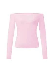 Womens Off The Shoulder Tops Casual Slim Fit Stylish Solid Color Long Sleeve T-Shirt For Fall - Pink - View 1