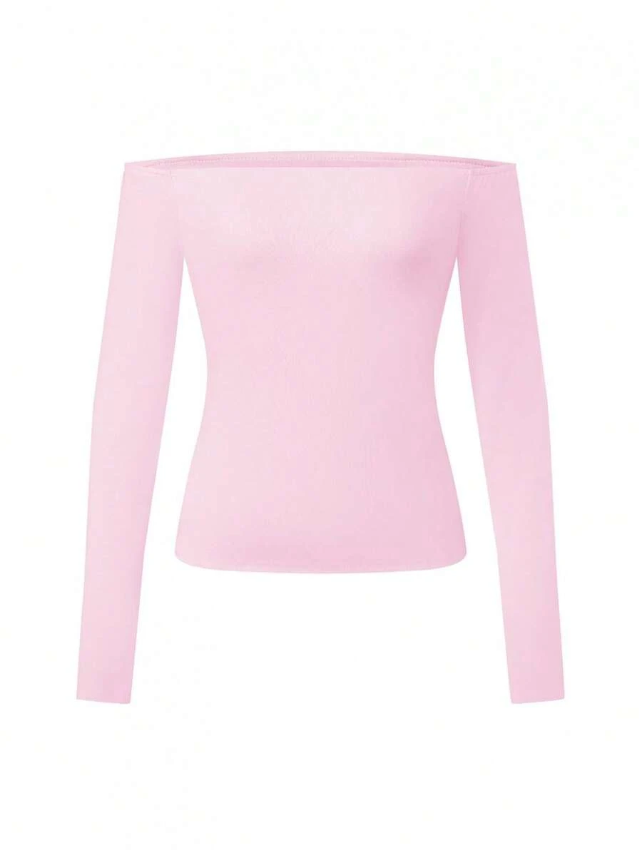 Womens Off The Shoulder Tops Casual Slim Fit Stylish Solid Color Long Sleeve T-Shirt For Fall - Pink - View 1