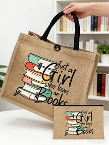 黃色亞麻2件組，大容量亞麻托特包，印有「Just A Girl Who Loves Books」彩色字母印花圖案，愛書之人設計，時尚女款亞麻托特包，多功能購物袋、筆袋、化妝包，適合女性、母親、老師、朋友、學生作為禮物，適用於海灘、假期、返校、母親節、教師節、返校季 - 彩色 - 查看 5