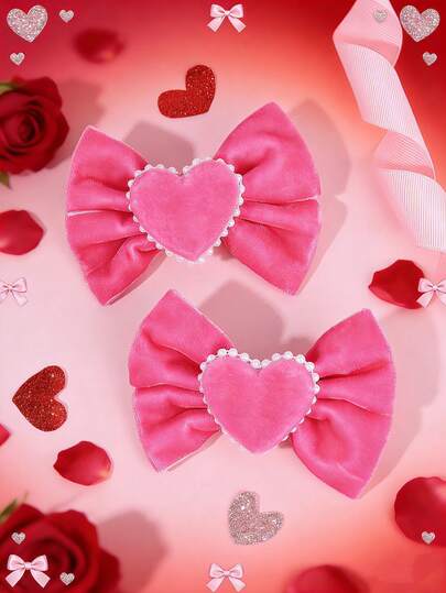 2个情人节粉色丝绒发夹，心形发饰，甜美发卡，适合女孩儿童派对礼物