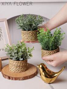 3pcs/Set Artificial Woven Mini Planters: Eucalyptus, Rosemary, And Mimosa Artificial Plants In Different Shapes, Seagrass Ropes, Gifts, Artificial Plants, Grass Mounds, Green, PE Material, Polyester Fiber Material, Handmade, Wedding Decor, Graduation Gift Decor, Valentine's Day, Easter Decor, Home Decor - Green - View 3