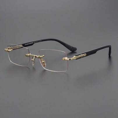 1pc Black & Gold Floral Engraved Frameless Transparent Glasses, Rectangular Frame Design With Black & Gold Combination Temples, Metal Floral Decor, Lightweight Luxurious Retro Style Unisex Clear Lens Glasses