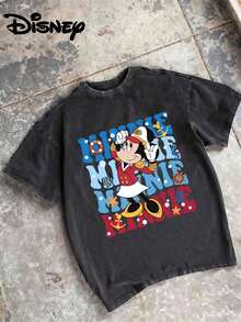 Disney UNIHLO  Mickey   Printed Summer Heavyweight Retro Washed Street Fashion Casual T-Shirt - Black - View 3
