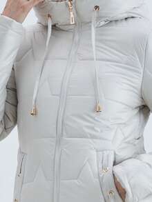 Mid-Length Glossy Down Jacket - Drawstring Hooded With Metal Details | Warm For Autumn/Winter: Suitable For Daily Wear And Commuting - Light Grey - View 8