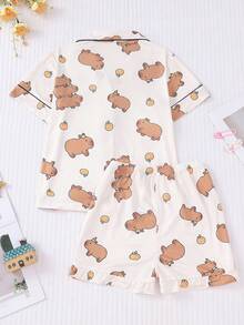 2pcs Tween Girl Cartoon Capi Bara Collar Cardigan Pajama Set, New Flame Retardant Lightweight Short Sleeve Shorts 2-Piece Outfit, Unisex Children Casual Homewear Set, Suitable For Holidays - White - View 2