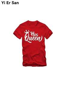 Yi Er San - His & Hers King Queen Couple Matching Tees - 1 Piece Couple Crew Neck T-Shirt,Valentine's Day Gift For Husband And Wife, Anniversary Couples Outfits,Comfortable 100% Cotton, Short Sleeve,Unisex Cotton Graphic Tee - 女士-紅色 - 查看 2