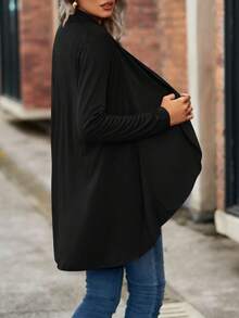 Casual Open Front Cardigan For Women Classic Knit Sweater Long Sleeve Solid Color Outerwear For Spring Office And Travel - 黑色 - 查看 4