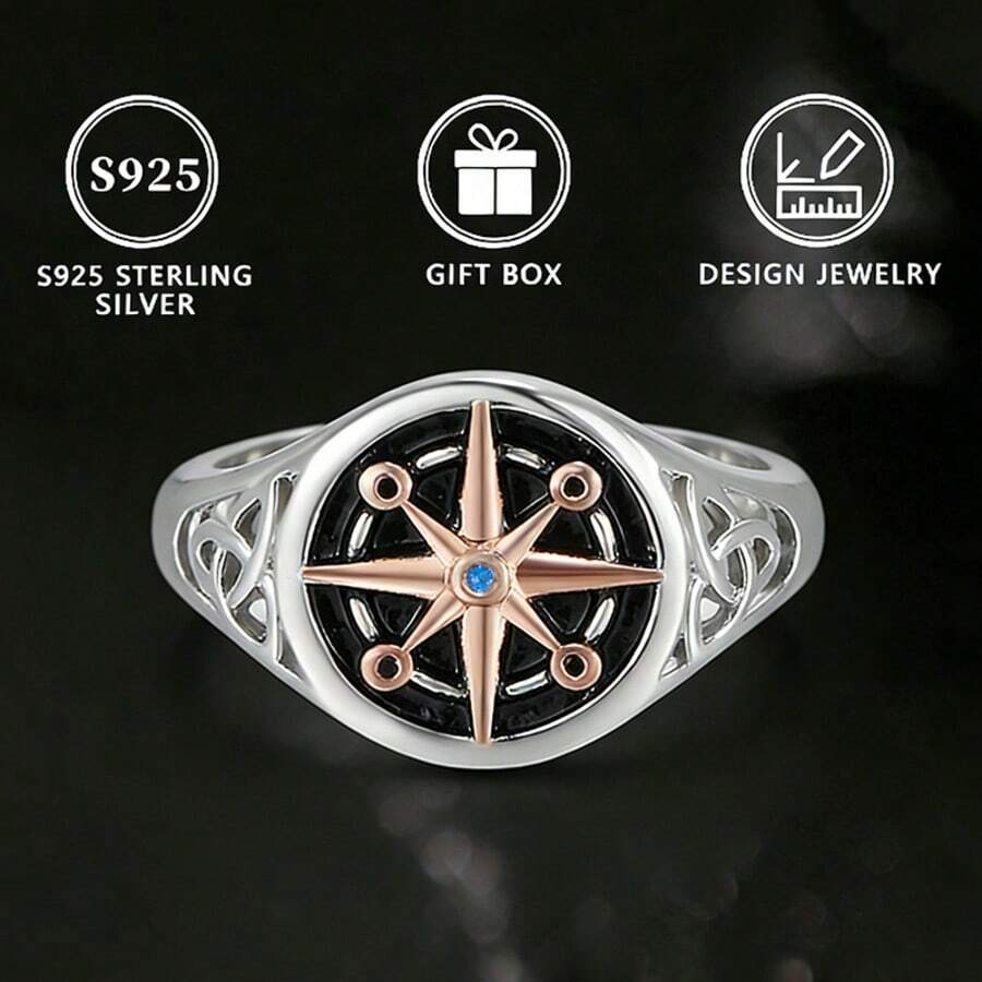 Anel Personalizado de Moda Minimalista de Prata 925 com Bússola para Mulheres - Prata - Visão 1