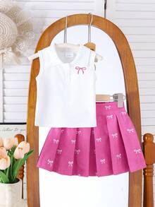 2pcs Young Girl Fresh Preppy Style Bow Embroidered Polo Collar White Tank Top + Skirt Set, Summer - Hot Pink - View 4