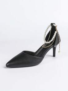 Women's Pearl Chain Decor Pointed Toe Ankle Strap Stilettos, Elegant Office Wear, Suitable For Workplace In Autumn, Black - Black - View 6