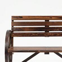 Two-Seater Garden Bench In Brown Fir Wood, Country Style, With Wagon Wheel Shaped Armrests. Dimensions: 105.5 X 56 X 79 Cm.