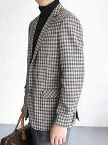 Tucano 男士格子单排扣西装，平驳领，单扣设计，修身剪裁，适合办公室、商务会议、休闲商务场合及日常通勤。 - 卡其色 - 查看 3