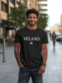 Men's Vintage Milano 96 Letter Print Short Sleeve Casual Pullover T-Shirt, Boyfriend Gift, For Spring And Fall - màu đen - Xem 3