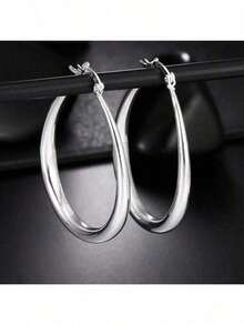 Silver Plated 41mm Smooth Circle Big Hoop Earrings Women Fashion Party Wedding Accessories Jewelry Gifts - 復古銀色 - 查看 3