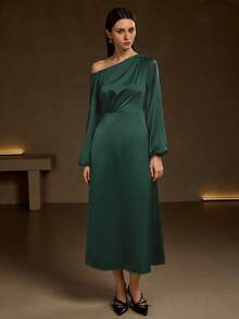 Elegant Jade Green Satin One-Shoulder Maxi Dress, Suitable For Spring Formal Events And Parties Party - Green - View 4
