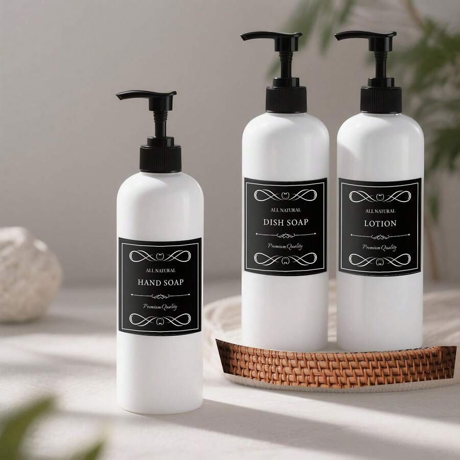 2/3 piezas Botellas dispensadoras de plástico recargables de 500ml con 6/8/12 etiquetas, aptas para jabón de platos/champú/jabón de manos/acondicionador/loción/gel de baño/limpiador facial, se pueden usar como regalos o decoraciones navideñas