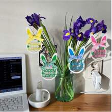 8/12-Piece Easter Bunny Tree Ornaments | Wooden Hanging Rabbit Decor With Plaid Bow + String -- Delicate Spring Hanging Decor, Spring Home Accents, Garden / Easter Tree Ornaments, Home & Garden Holiday Decorations, Wall Branch Gift Egg Basket Hanging Decor, Festive Arrangement Accessories. - Grey - View 4