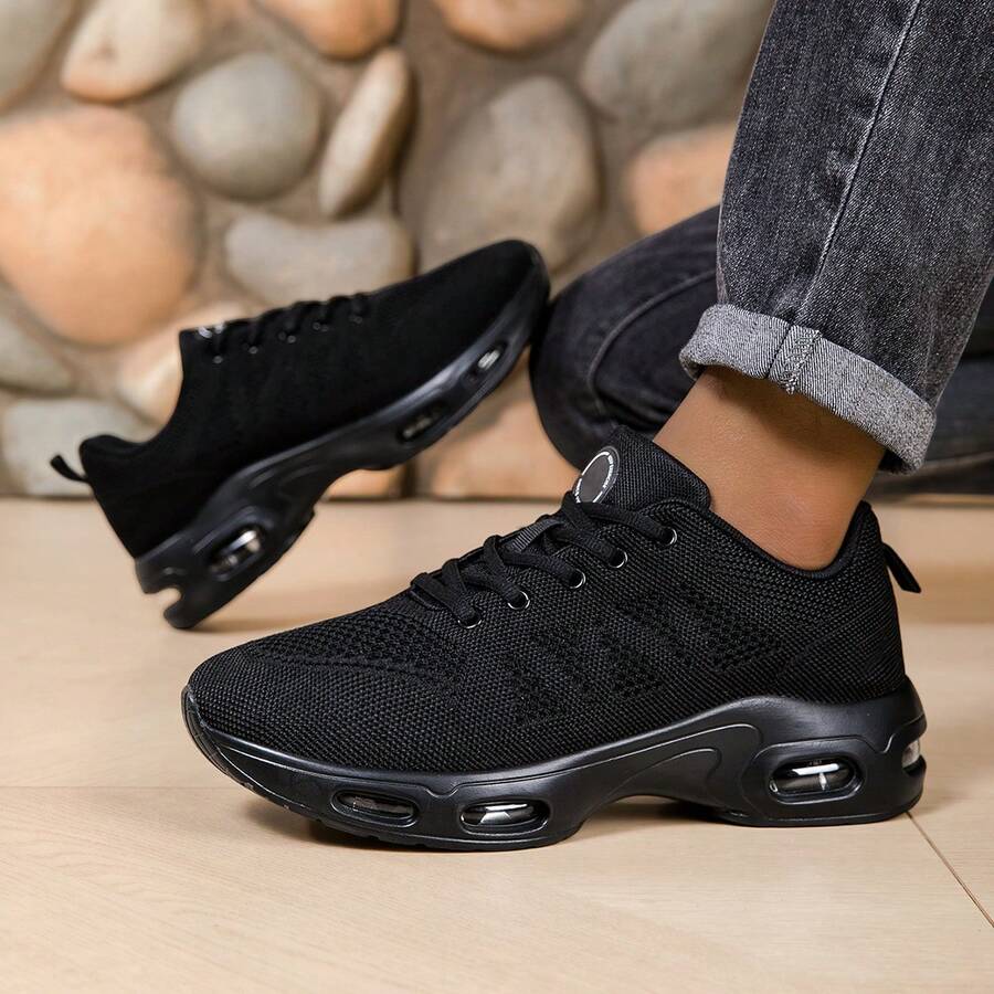 Men's Fashionable Sports Shoes With Air Cushion Running Shoes, Anti Slip And Breathable Running Shoelaces And Arch Support, Suitable For Daily Fitness, Sports, And Commuting - 黑色 - 查看 1