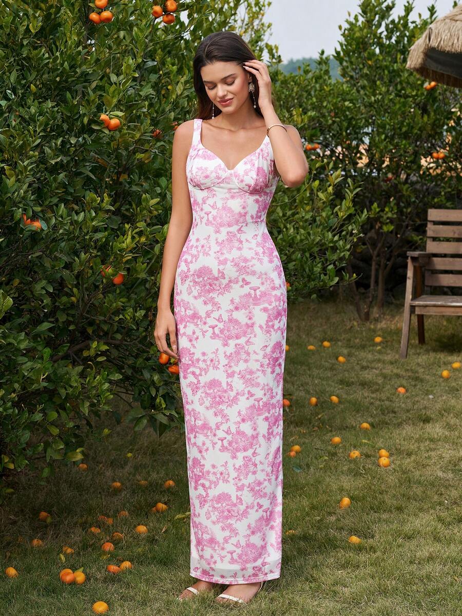 PARTHEA Women's Sleeveless Pink Black Floral Print Straps Cami Maxi Dress Elegant Ruched Slit Backless Design High Stretch Long Party Wear - Pink - View 1