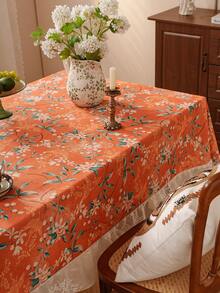 1pc Nordic Mink Velvet Floral & Bird Print Tablecloth, French Luxury Printed Tablecloth With Ruffle Edge, Suitable For Dining Room, Coffee Table, Living Room, Bedroom, Kitchen, Home Decor, Great For Party, Picnic, Wedding - Orange - View 8