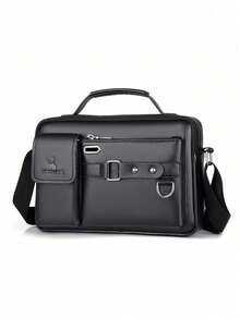 New PU Leather Men's One Shoulder Messenger Bag, Black Business Casual Bag For Students, Teachers, Travel, Vintage Wallet, Leather Bag, Travel Essential, Valentine's Day Gift, Black Bag, Holiday Essential, Men's Camping Shoulder Bag, Sticker, Winter Back To School, Valentine's Day Gift, Vintage Holiday Gift, Bag Valentine'S Day Laptop Case - Black - View 4