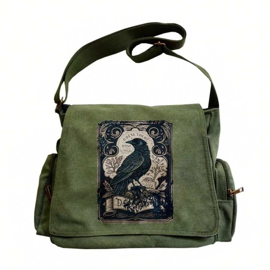 Vintage Raven Print Women's Shoulder Bag Men's Crossbody Messenger Bag Large Capacity Canvas Laptop Bag - xanh quân đội - Xem 1