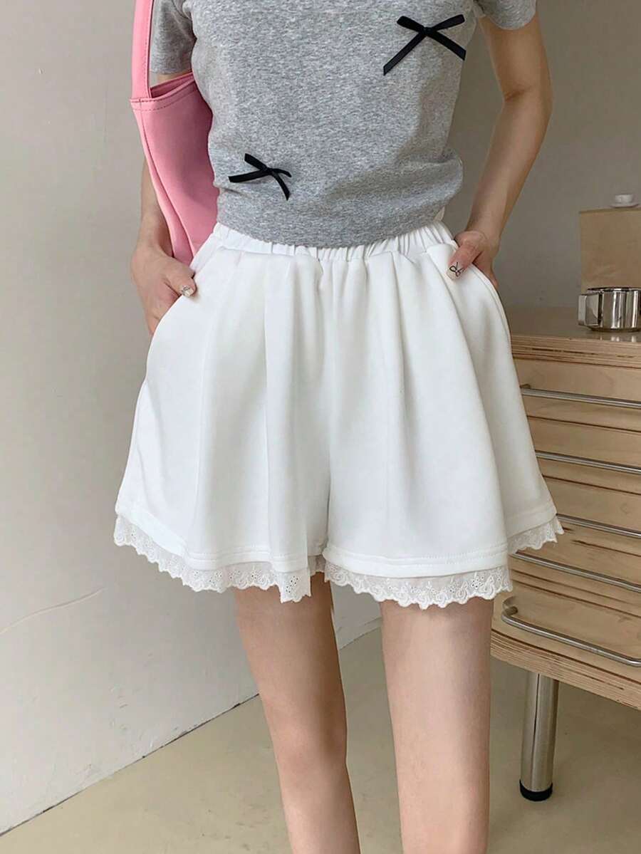 灰色蕾丝边休闲裤，百搭，松紧腰，宽松阔腿，娇小款，适合春夏穿着，白色 - 白色 - 查看 1