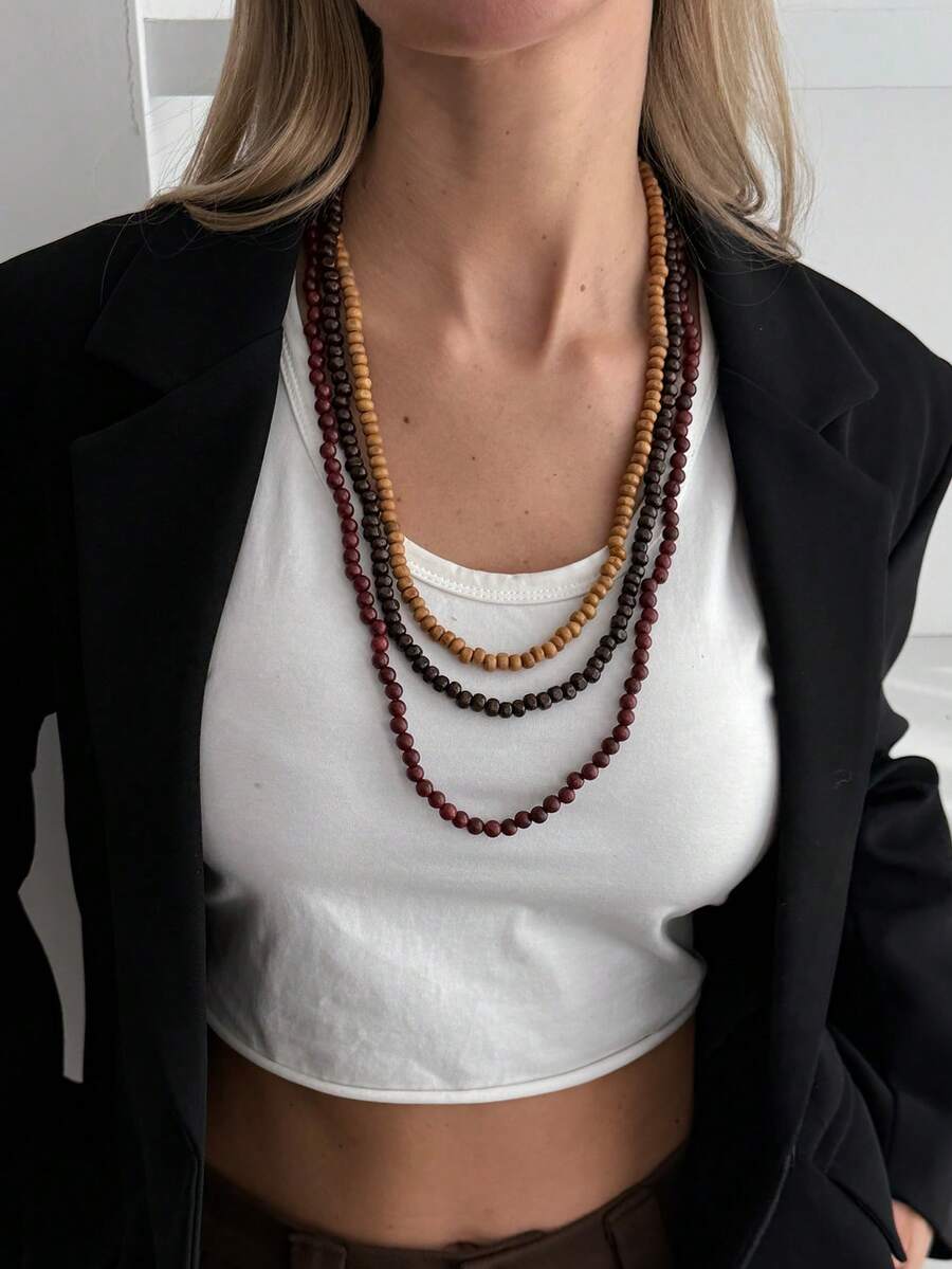 1 pieza Collar de cadena de cuentas de madera de estilo bohemio de varias capas, elegante y de moda para uso diario, casual, fiesta, boda, vacaciones, encanto versátil, regalo de joyería falsa para mujeres - collar - Ver 1