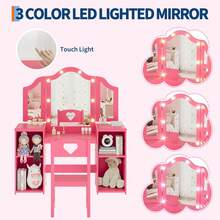 Juego de Mesa y Silla de Cambiador Princesa para niñas con Espejo triplegable, computadora de Cambiador con luz táctil con Almacenamiento y Silla de Respaldo Alto, Convertible a computadora - Rosa - Ver 4