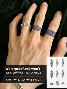 2Pcs Men Tattoo Fake Ring Temporary Tattoos Geometric Y2K Semi Permanent Tattoo Waterproof Sweatproof Last For 1-2 Weeks Realistic Herbal Juice Anti-Friction Non-Reflective Black For Men Tattoo Stickers For Arm, Chest, Leg, Abdomen - HD - View 11