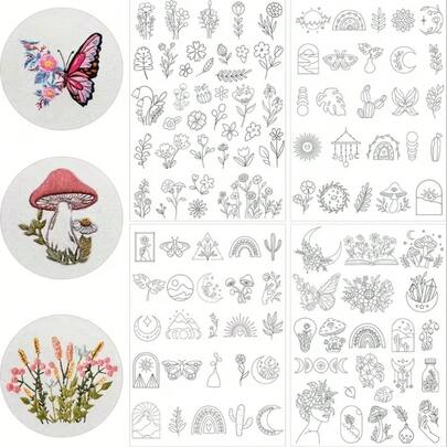 4pcs Butterfly & Mushroom Pre-Printed Water-Soluble Embroidery Stabilizer Set, Water-Soluble Embroidery Paper, Embroidery Patterns, Suitable For DIY Sewing And Knitting Hobbyists, Cuttable Self-Adhesive Embroidery Stabilizer, Embroidery Tools, Sewing Accessories, A4 Size, Applicable For Sewing Patterns, Household Items, DIY Handicrafts, Adult Crafts, Cross-Stitch, Sewing Fabrics, Needlework Supplies, Birthday Gifts, Grandma Gifts, Personalized Gifts, Mother's Day