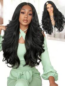 U/V 分体式 Yaki 卷曲波浪假发，女士水波纹 U 型分体式合成假发，半头假发，耐热夹式半头假发 - 彩色 - 查看 11