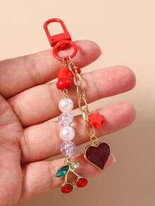 1pc Beaded Star Keychain, Cherry Heart Keyring, Keychain, Girl Bag Charm - Multicolor - View 5