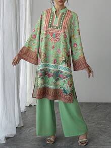 Bộ đồ nữ 2 món, áo dài tay loe cổ chữ V in hoa màu xanh lá cây + quần ống rộng cạp chun màu xanh lá cây trơn, bộ trang phục trang trọng kiểu Ả Rập sang trọng phối màu tương phản, thích hợp cho tiệc tùng, kỳ nghỉ hoặc mặc hàng ngày vào mùa xuân. - Màu xanh Cadet - Xem 7