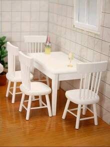 1:12 Scale Mini White Dining Table Set, Including 1 Dining Table And 4 Chairs, Small Furniture Model For Bedroom Scene Display, Vintage Dining Table, Office Desk Decor, Dollhouse Decoration, Handicraft, Retro Home Decor Model, Holiday Gift, Birthday Gift, Christmas, Halloween, Adding Color To Life. - White - View 1