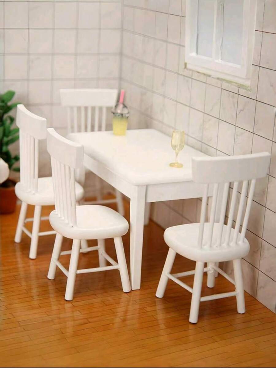 1:12 Scale Mini White Dining Table Set, Including 1 Dining Table And 4 Chairs, Small Furniture Model For Bedroom Scene Display, Vintage Dining Table, Office Desk Decor, Dollhouse Decoration, Handicraft, Retro Home Decor Model, Holiday Gift, Birthday Gift, Christmas, Halloween, Adding Color To Life. - White - View 1