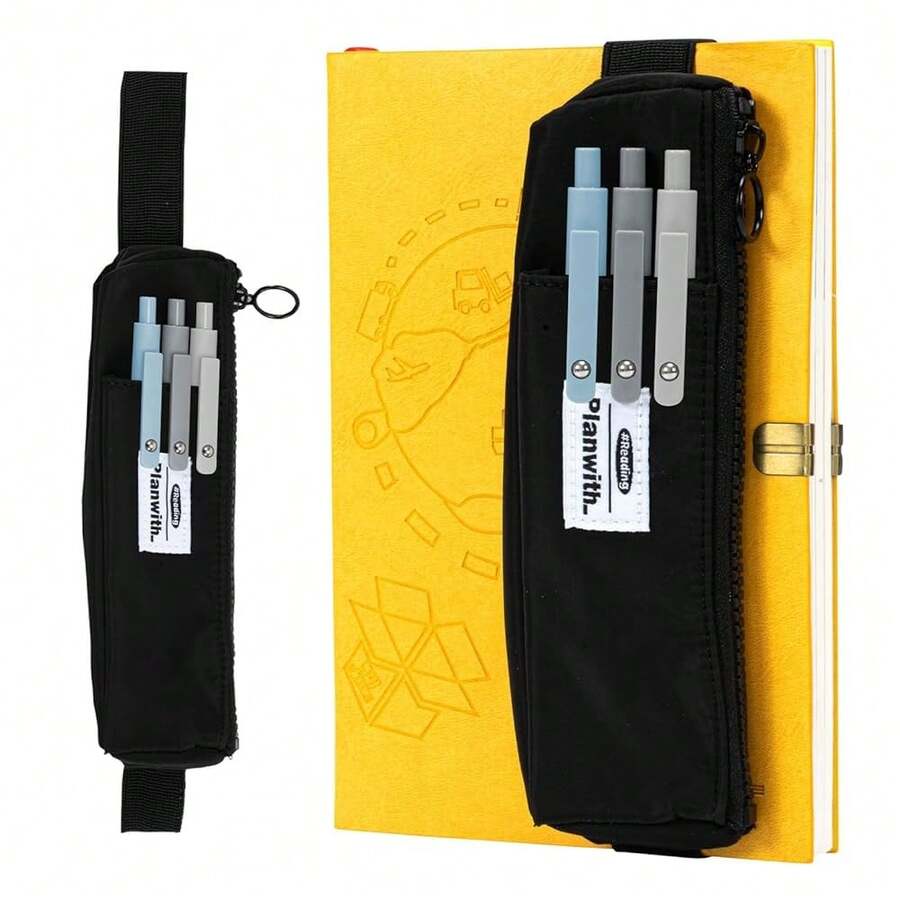 Pen Holder For Notebook, Pen Pouch For Notebook, Small Pen Holder With Adjustable Elastic Band, Slim Pencil Bag Journal Pen Holder Notebook Pen Holder, Zipper Pencil Pouch Makeup Bag - 黑色的 - 查看 1