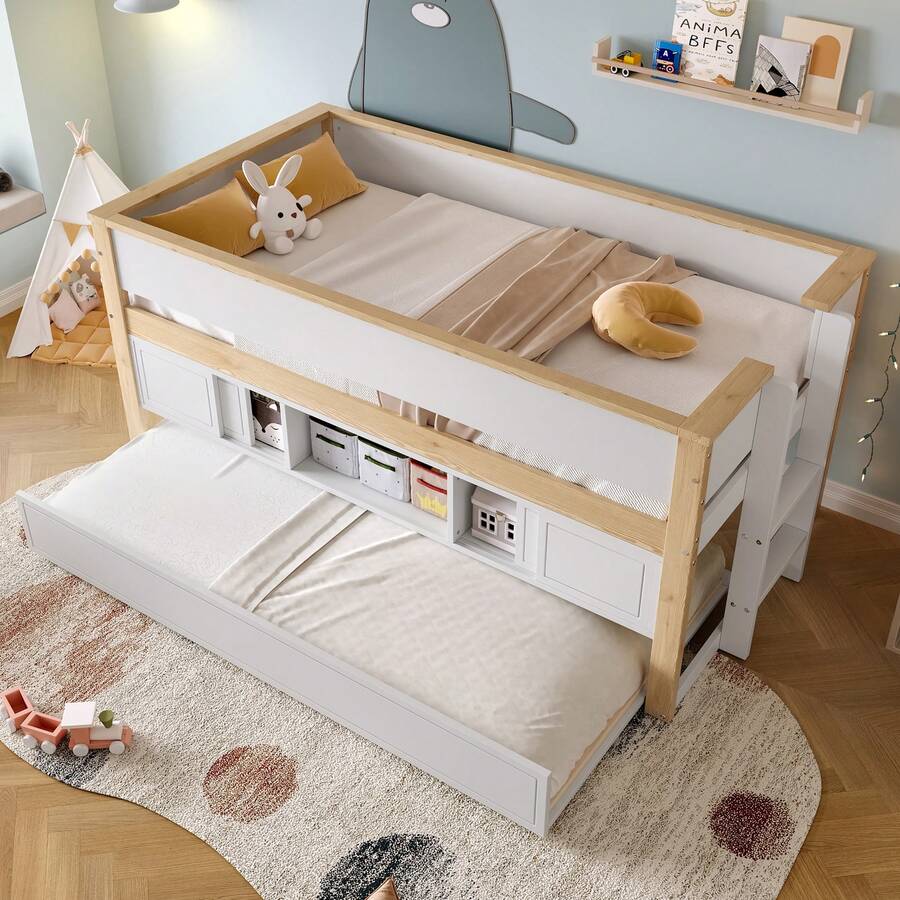 Single Bed, Dimensions 90x200 Cm, With Extendable Bed, Bunk Beds, Several Storage Compartments, Without Mattress, White + Natural Colour. - White - View 1