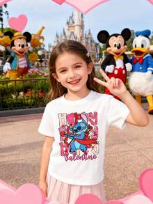 Disney Clothing, Featuring A Disney Stitch Valentine's Day-Themed Letter Print On This Girls' T-Shirt. This Soft, Breathable Short-Sleeve Crew Neck Tee Is Perfect For Spring And Summer Outfits, Ideal For Everyday Wear, Vacation Leisure, Outdoor Activities, School Life, And Shopping Trips. It Also Makes An Excellent Gift For Boys And Girls Alike. Every Child Deserves One. - 白色 - 查看 3