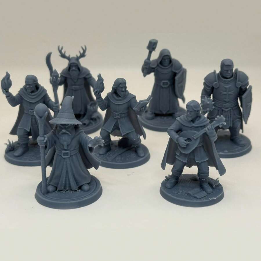 7 件套 D&D 英雄模型 | 法师/吟游诗人/德鲁伊等 | 可涂装高精度 3D 打印 - 灰色 - 查看 1