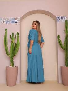 Long Three-Maria Ribbed Knit Dress, Evangelical Style, Various Colors, With Belt, Ruffled Hem - Teal Blue - View 4