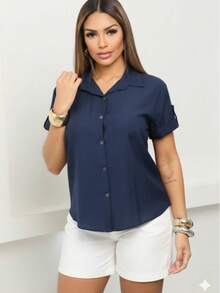 Women's Short-Sleeved Dress Shirt, Plain, Lightweight Viscose Fabric - 藏蓝色 - 查看 3