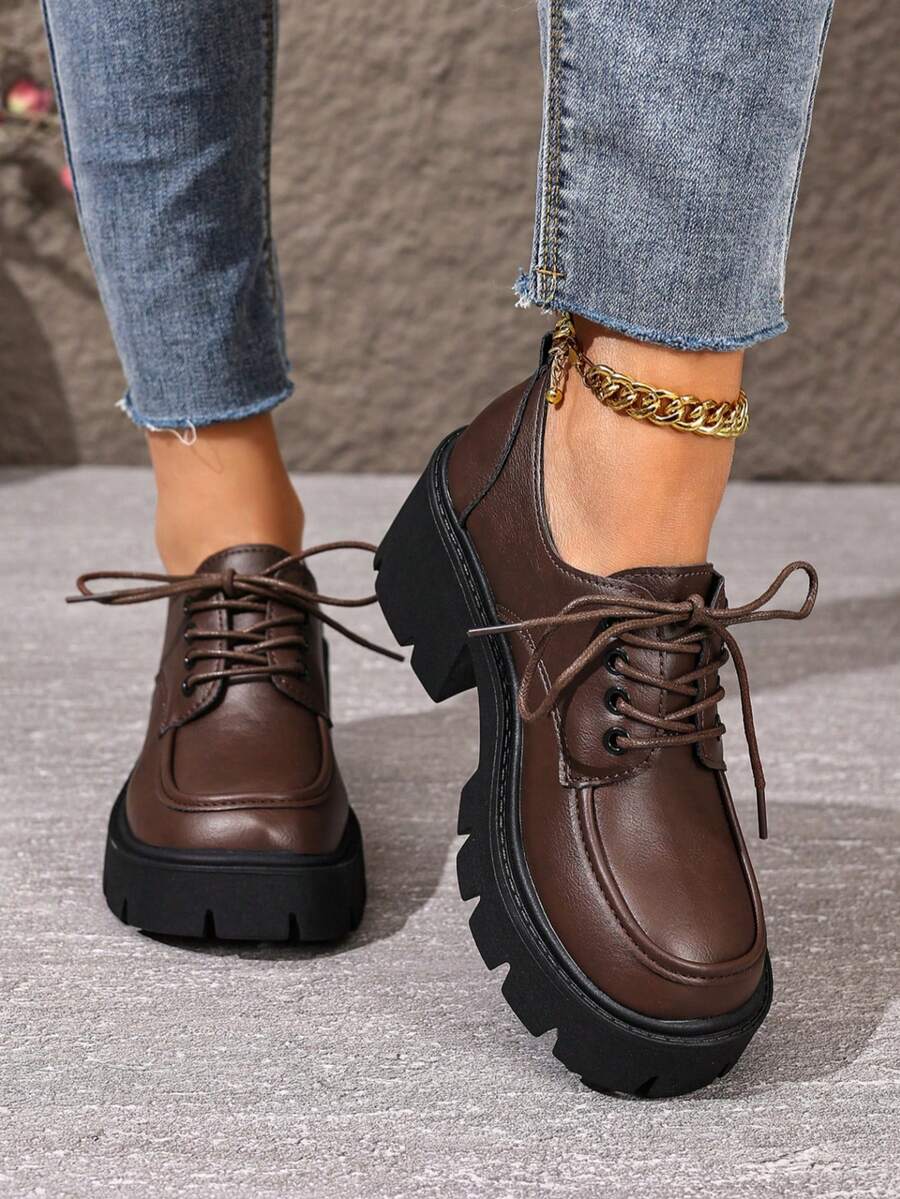 Nuevos zapatos de plataforma con cordones de estilo británico retro para primavera, zapatos versátiles de suela gruesa para mujeres - Marrón - Ver 1