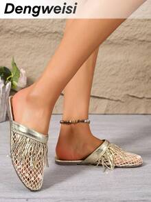 Sandal đế bằng kiểu Bohemian phối lưới vàng, tua rua, thoáng khí, mũi tròn, đa năng, thoải mái, thích hợp đi làm hàng ngày, đi biển, nghỉ dưỡng, mùa xuân hè cho nữ. - Vàng - Xem 3