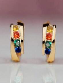 1 paire de magnifiques boucles d'oreilles créoles en zirconium cubique pour femmes, idéales pour le mariage, l'anniversaire, les fiançailles, les fêtes et comme cadeau de la Saint-Valentin - Jaune doré + coloré - Voir 8